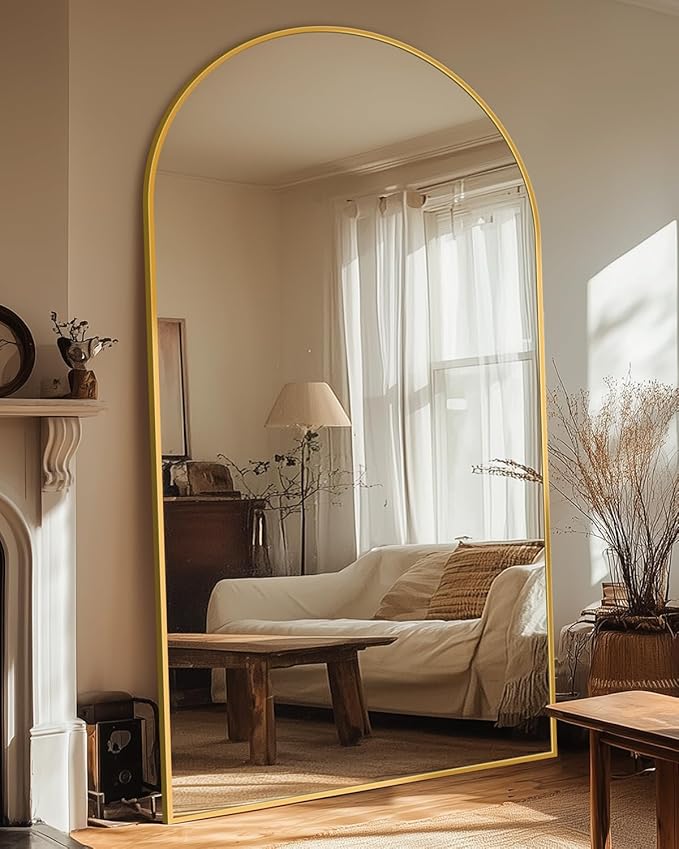 Full Length Mirror, 82"x44" Oversized Floor Mirror with Stand, Hanging or Leaning Full Body Mirrors Mirror for Bedroom, Living Room, Cloakroom, Arch, Gold