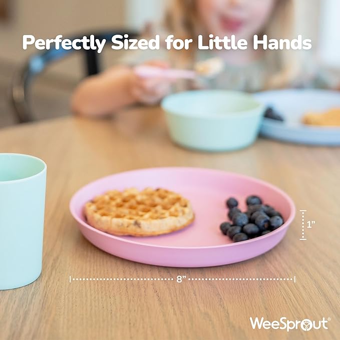 WeeSprout Bamboo Plates with Silicone Lids, Set of 4, Kid-Sized Dinnerware, Cereal, Leftovers & Snacks, Dishwasher Safe Melamine Dishware (Blue, Green, Gray, & Beige)