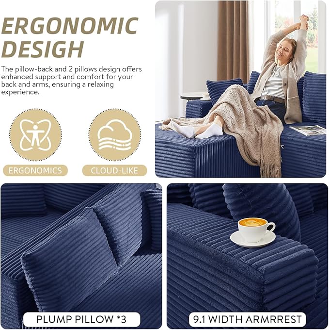Modular Cloud Sectional Couch with L-Shape Chaise,Modern Upholstered Couches with Deep Seat,Corduroy Sponge Compressed Sofa for Living Room,No Assembly Required (Blue)