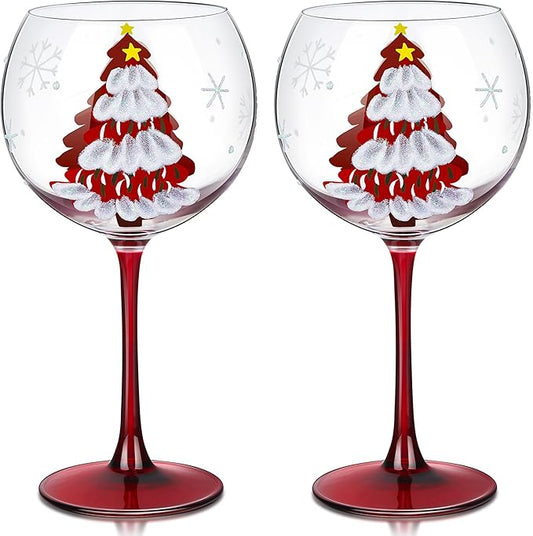 Joeyan Christmas Crystal Balloon Wine Glasses,Hand Painted Large Wine Goblet Glass Cups with Stem,Gin Tonic Cocktail Drinking Glasses with Red Xmas Tree and Snowflakes Patterns,19.5 oz,Set of 2