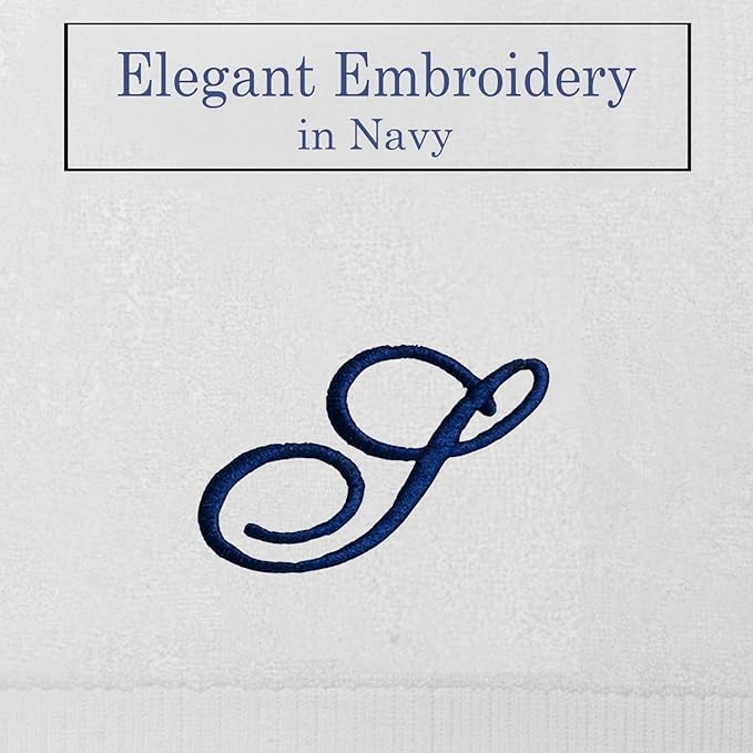 White Monogrammed Hand Towels for Bathroom - Luxury Hotel Quality Personalized Initial Embroidered Towel for Powder Room, Spa - GOTS Organic Certified - Set of 2 Navy Letter S