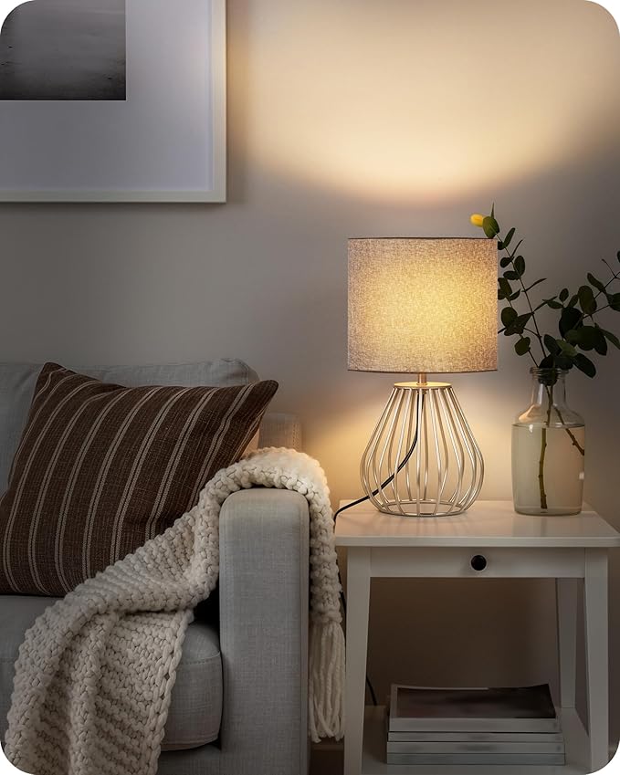 Small Table Lamp, Bedside Lamp with Grey Linen Lampshade & Silver Metal Base, Modern Nightstand Lamp, Little Cute Desk Lamp for Bedroom, Living Room, 2700K LED Bulb Included, SH06TL05