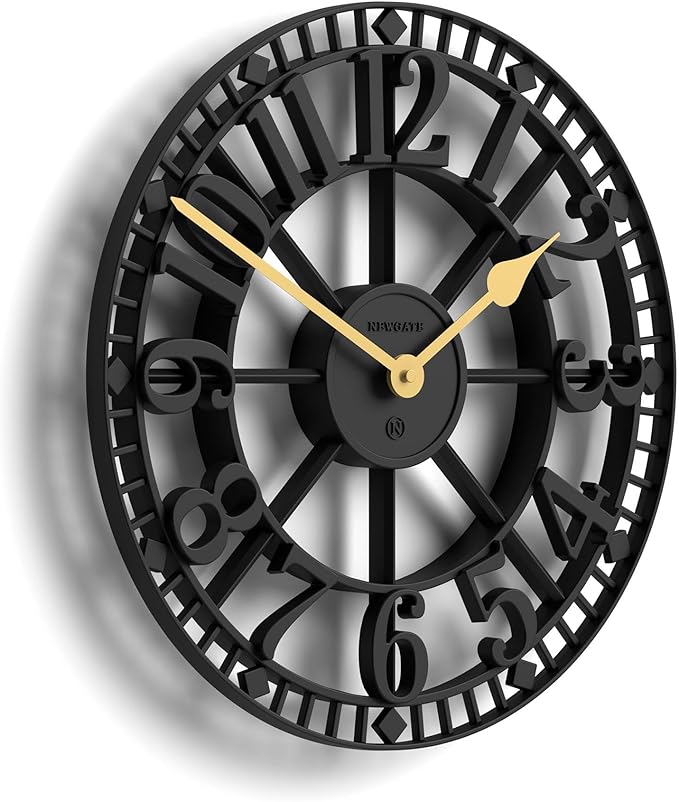 NEWGATE® Warehouse Wall Clock | Skeleton Clock | 16 inch | Black with Brass Hands | Contemporary Vintage Style for Kitchen, Living Room or Office