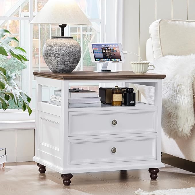 24" Wide Farmhouse Nightstand with Charging Station Set of 2, 37" Tall Rustic Chests of Drawers w/ 4 Solid Wood Feet, Farmhouse Furniture Series for Living Room,Bedroom,White