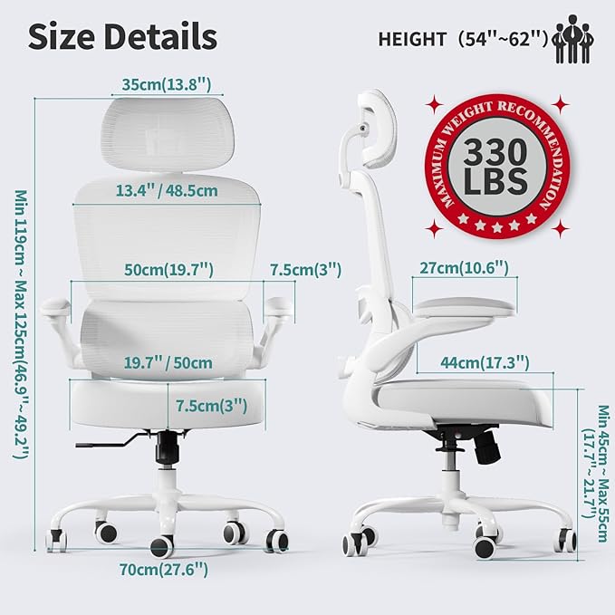 TRALT Office Chair Ergonomic Desk Chair, 330 LBS Home Mesh Office Desk Chairs with Wheels, Comfortable Gaming Chair, High Back Office Chair for Long Hours (White White)