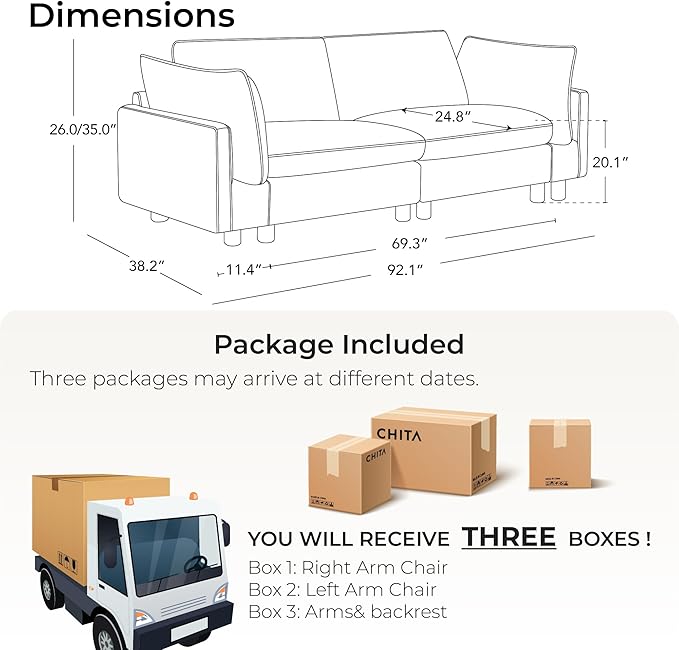 CHITA 92" Super Large Sectional Couches for Living Room, Modular Cloud Couch Sectional Sofa, Premium Fabric Couches, Down Filled, High Density Foam, Chenille in Beige, 2 Seater Loveseat