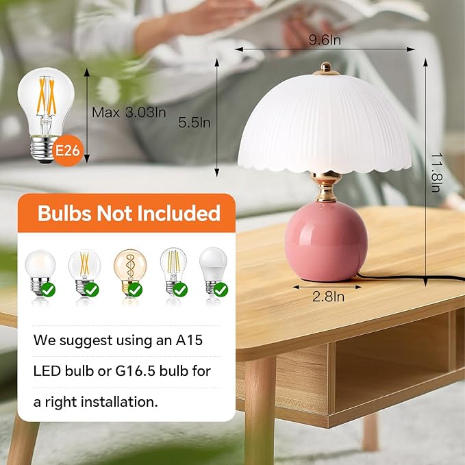 Ceramic Table lamp, Modern Bedside Lamps Pink Mid Century Vintage Desk Lamp Retro Glass Mushroom Traditional Lamp for Nightstand Living Room Bedroom Home Decor (S05PK-1PACK)