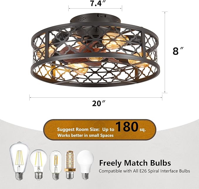Farmhouse Ceiling Fans with Lights Remote Control,6 Speed Reversible Flush Mount Low Profile Rustic Ceiling Fan with Light with bulb 4*E26,Boho Bladeless Country Caged Ceiling Light Fixture