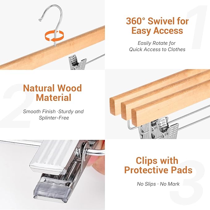 HOUSE DAY Premium Wooden Pants Hangers 100 Pack, Solid Lotus Wood Skirt Hangers with 2-Adjustable Clips, Heavy Duty & Anti Slip Wood Bottom Hanger for Slacks, Jeans, Trousers, Shorts (Natural)