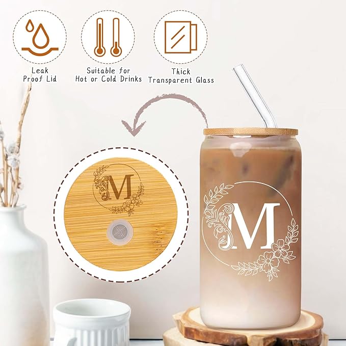 Initial Glass Cup with Engraving Cup Lid Personalized Birthday Gifts for Women Unique Monogrammed Presents Customized Gifts for Women Personalized Presents Presents for Her Mom Friend Birthday