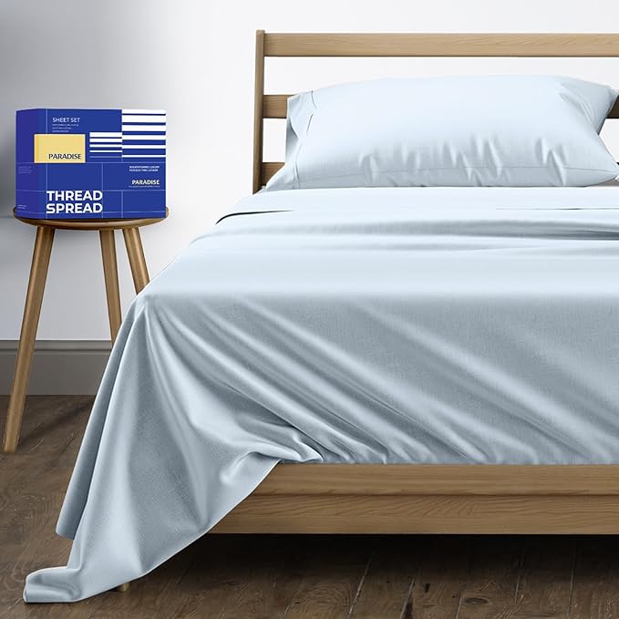 THREAD SPREAD 100% Pure Egyptian Cotton Sheets Twin XL Size - High Thread Count 3 PC Twin XL Sheet Sets Cotton, College Dorm Sheets Twin XL Set, 16" Deep Pocket Luxury Soft Cooling Sheet - Light Blue