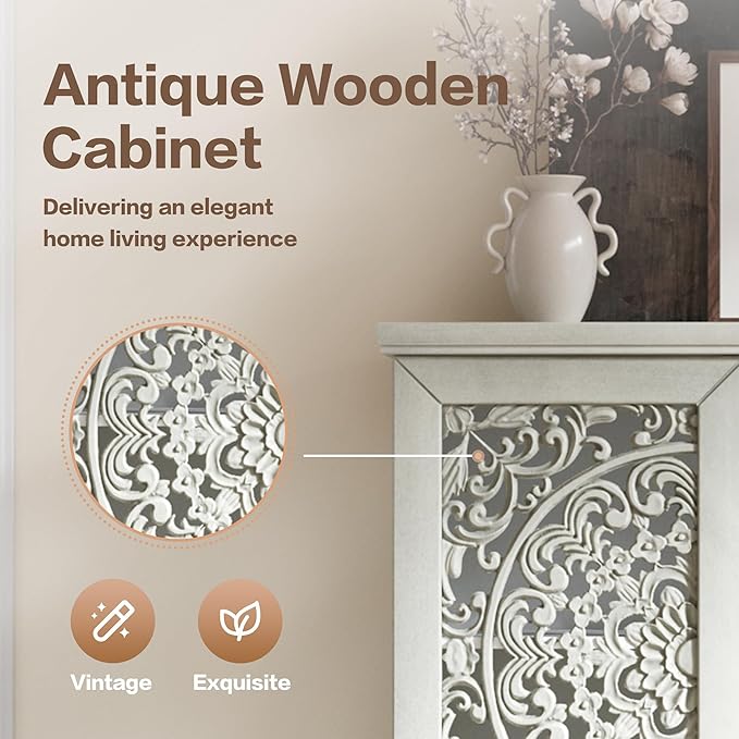 Rustic 55'' Tall Storage Cabinet with 2 Hollow-Carved Doors a Drawer, Wood Accent Cabinet with Solid Wood Legs for Living Room, Hallway, Dining Room (Grey White-T)