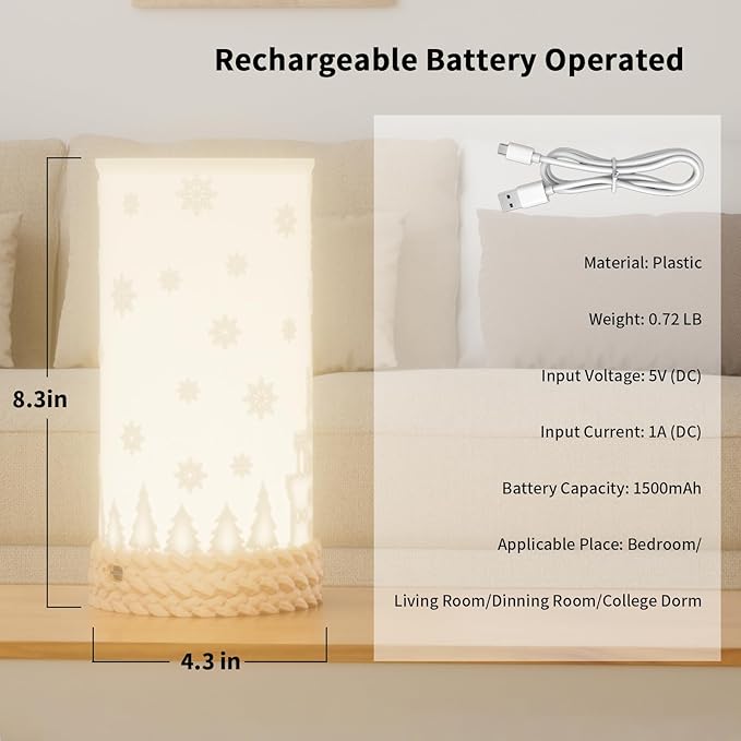 Rechargeable Touch Control Table Lamp, 3-Way Dimmable LED Bedside Lamp with Novelty Lithophane Shade and Rotation Base for Bedroom, Living Room, Office