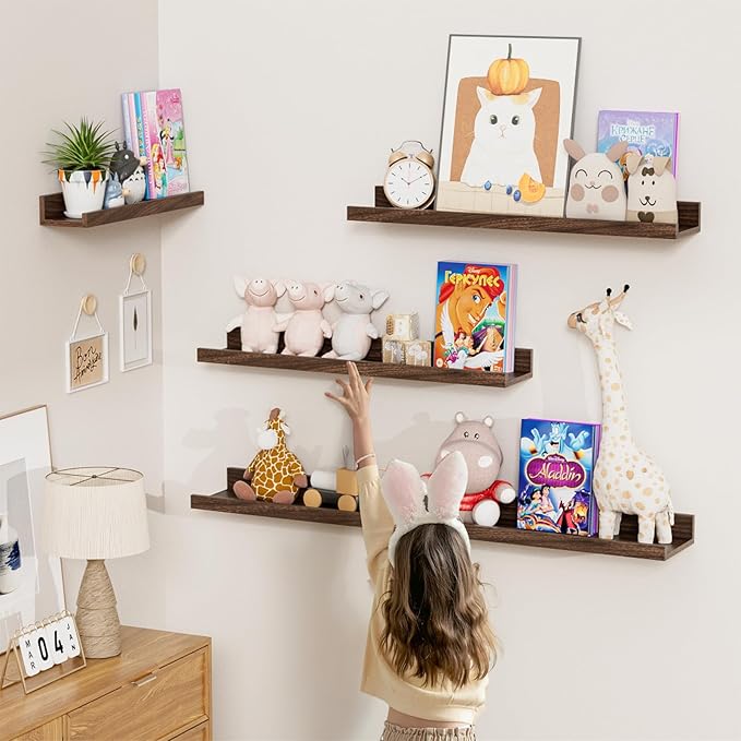Heimlove Floating Shelves Set of 6, 24" Wall Mounted Picture Ledge, Display Shelf Organizer for Decor Storage, Wall Mounted Shelves for Living Room, Bedroom, Bathroom, Kitchen (Walnut)