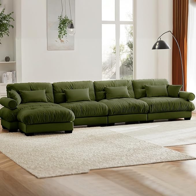 166" Oversized Couch, 4 Seater Modular Sectional Sofa, Olive Green Large L Shaped Sectional Couches for Living Room, Fluffy Couch Set, 4 Seater, Velvet Cloud with Ottoman, Sofas for Living Room