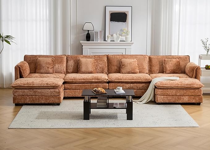 147.8" U Shaped Modular Sectional Sofa, Comfy Cloud Couch with Movable Ottoman, Deep Seat Modular Sofa, Sectional Couches for Living Room, Bedroom, Apartment (Orange)