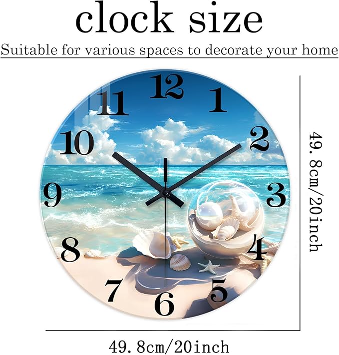 XNM Coastal Glass Clocks Battery Operated 20 Inch Blue Large Wall Clocks for Living Room Decor Round Quiet Wall Clock Modern