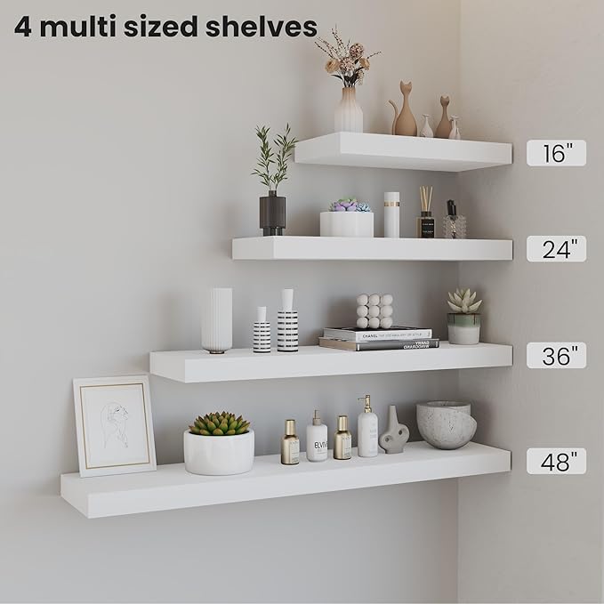 Vivelove Wooden Floating Shelves for Wall 24” x 8”x 1.4”, Solid Wood Shelf with Invisible Brackets, Deep Wall Shelves for Bathroom, LivingRoom, Kitchen, Bedroom, Modern Home Decor, Set of 2 - White