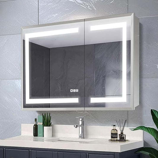 GroGro LED Lighted Bathroom Medicine Cabinet with Mirror, 40" W x 24" H Beveled Edge Medicine Cabinet with Lights,Surface or Recessed Mounting,Defog,Dimming,3-Color Temperature Adjustment