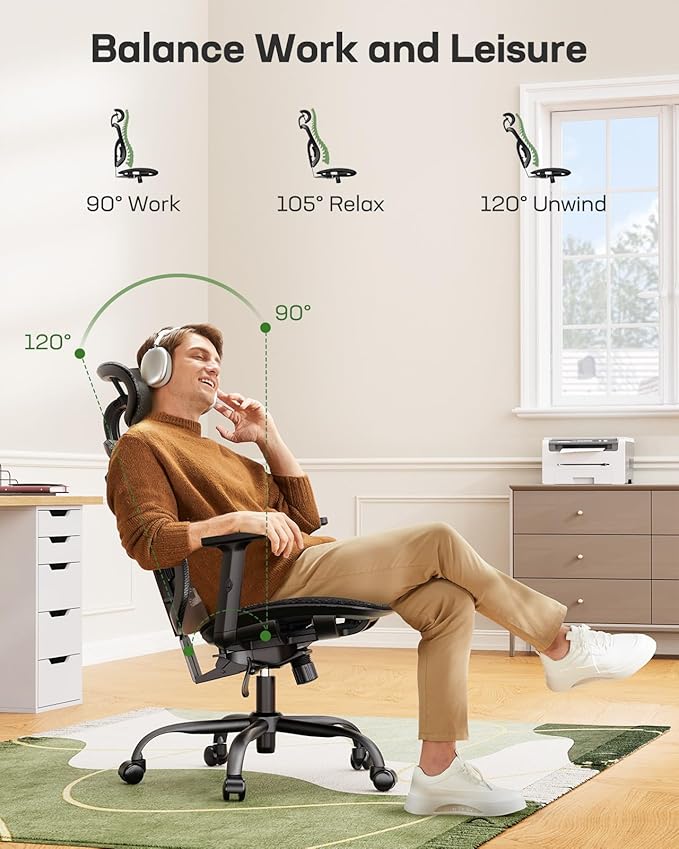 Marsail Ergonomic Mesh Office Chair,Ergonomic Dsk Chair with 2D Headrest,Adjustable Lumbar Support & Up and Down Armrest
