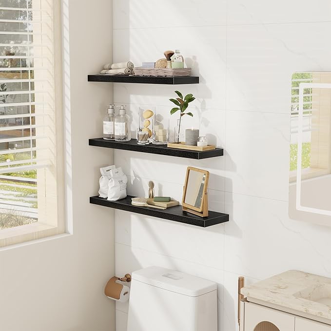 Fun Memories 30 Inch Floating Shelves Set of 3, Farmhouse Black Wall Shelves for Kitchen, Living Room, Wall Mounted Bathroom Shelves in Black, 30 x 6.7 x1.4 Inch
