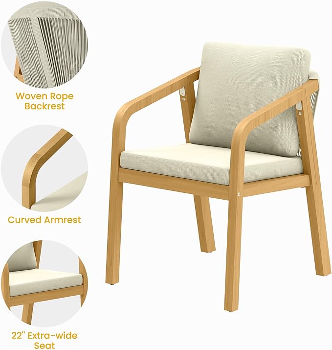 Acacia Patio Dining Chairs Set of 2, Outdoor Wood Dining Chairs with Thick Cushions, Modern Patio Chairs with Woven Rope Backrest for Porch, Backyard, Garden, Indoor, Beige
