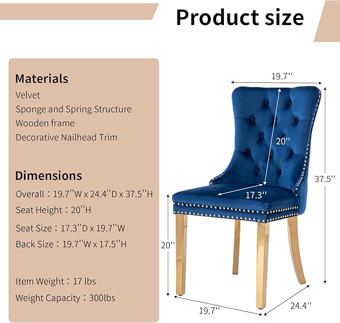 Luxury Upholstered Dining Chairs Set of 8, Blue Kitchen Chair with Golden Metal Legs, Velvet Tufted Back Dining Chair, Sillas de Comedor, Modern Kitchen & Dining Room Chairs (Blue, 8 Pcs)