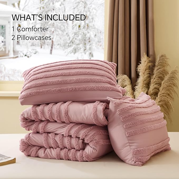 BEDELITE Boho Comforter Set Queen Size, Dusty Pink Tufted Striped Bed Set 3 Pieces, Soft Vintage Farmhouse Comforter for All Seasons, Boho Home Decor,Fluffy Jacquard Bedding with 2 Pillow Shams