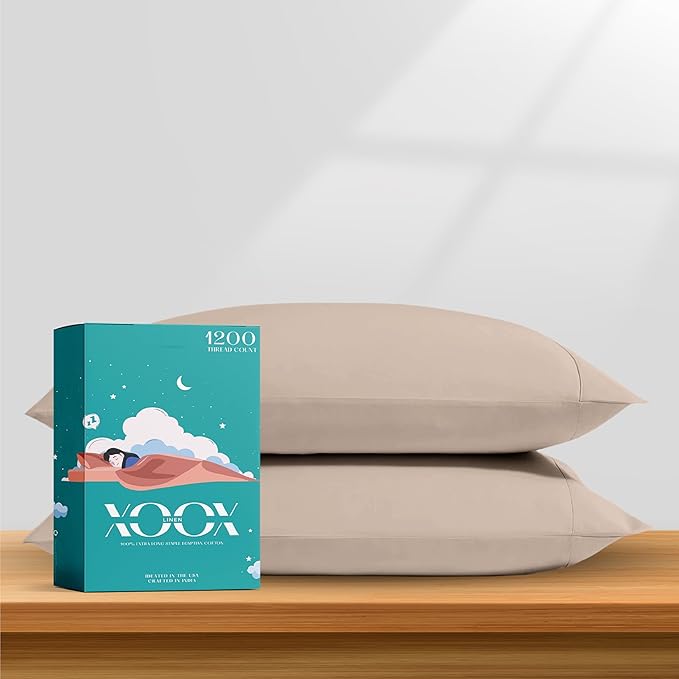 XOOX Linen 100% Egyptian Cotton Pillow Cases Standard/Queen Size Set of 2 - Luxury 1200 Thread Count Sateen Taupe Pillow Cases, Silky Soft Cooling Pillowcases Fits Standard & Queen Size Pillows