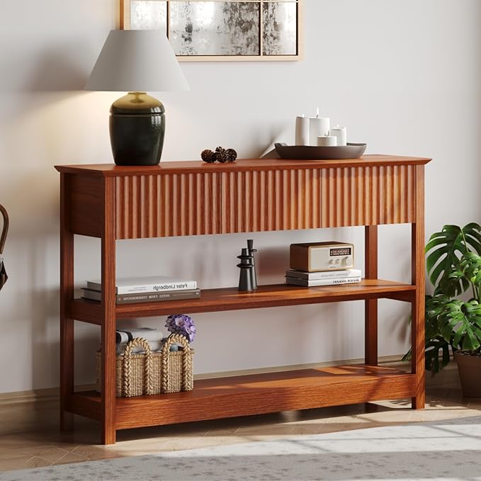 Treocho 47" Console Tables for Entryway, Fluted Entryway Table with Drawers and Shelves, Narrow Sofa Table Behind Couch Table for Entrance, Hallway, Living Room, Cherry Brown