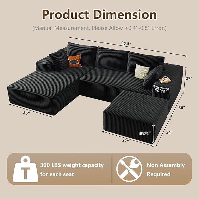 96" U-Shape Cloud Couch, Modern Modular Sectional L-Shape Sofa with Ottoman, Corduroy Upholstered Couches Deep Seat Sleeper Chaise Longue for Living Room, No Assembly Required(Black, Left Facing)