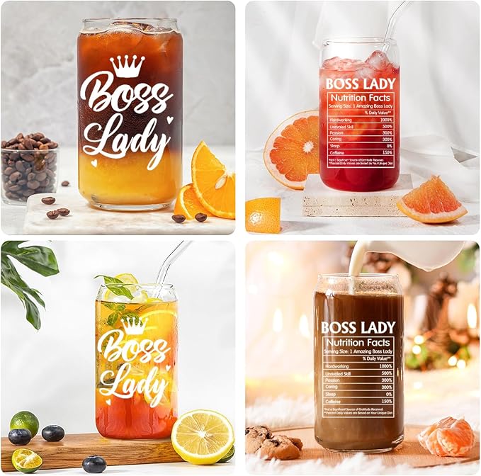 Boss Lady Gifts for Women, Gifts for Boss Female, 16oz Glass Coffee Cup, Boss lady Nutrition Cup,Thank You Appreciation Gift for Coworker Friend, Birthday Gift for Boss Lady Leader