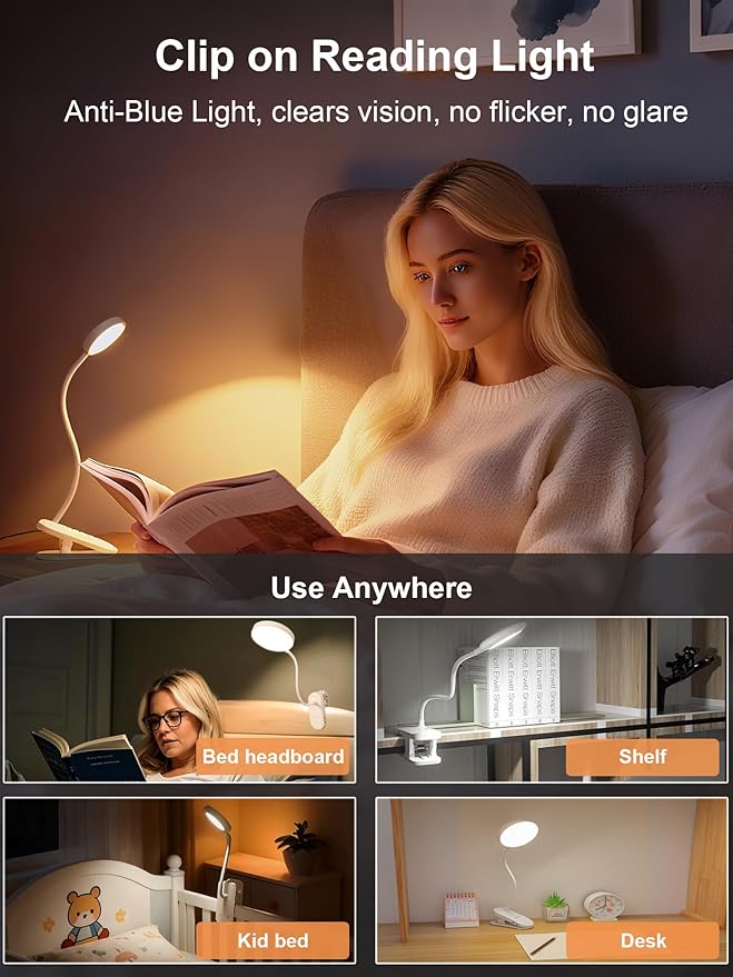 SZOKLED Red Light Reading Lights for Books in Bed, Clip on Lamp with Timer & Dimmable, Rechargeable Eye Care Night Light for Bedroom, Desk, Laptop, Headboard
