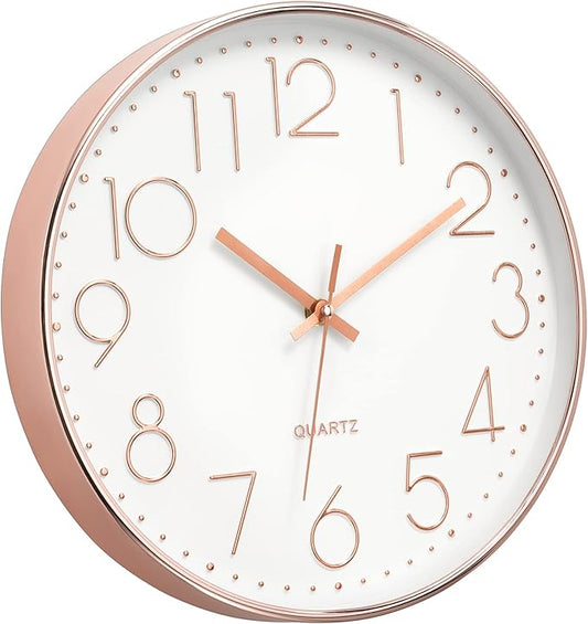 Foxtop 14 Inch Large Silent Non-Ticking Rose Gold Wall Clock Battery Operated Round Quartz Modern Wall Clock Decorative for Living Room Bedroom Kitchen Home Office