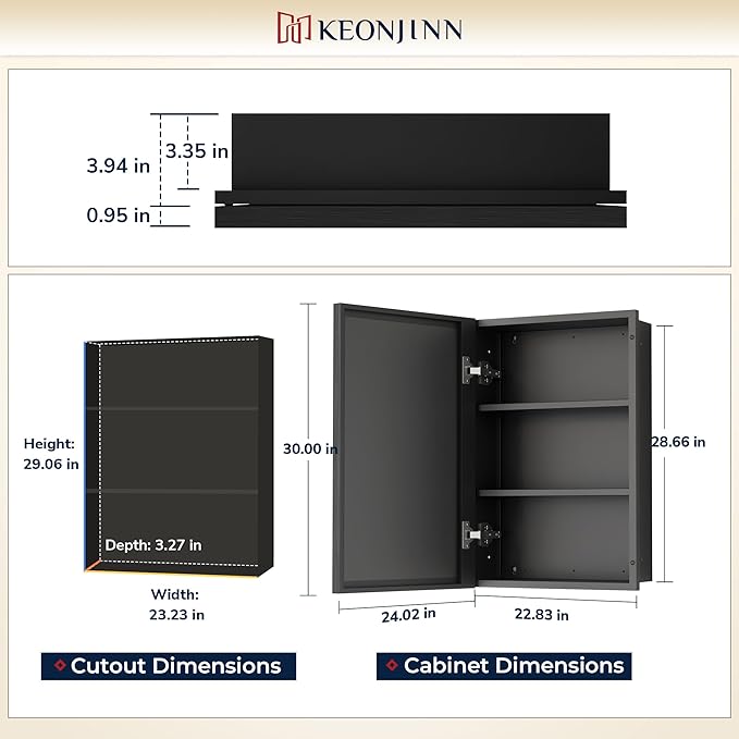 Keonjinn 24” x 30” Black Bathroom Medicine Cabinets with Mirror Recessed or Surface Wall-Mounted Aluminum Alloy Metal Framed Beveled Bathroom Mirror, Large Single Door Farmhouse Storage Cabinet Mirror