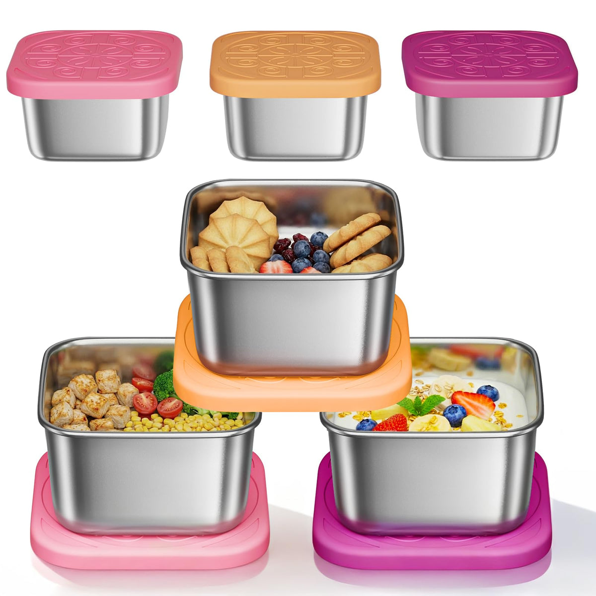 Osfel 3 Pack 6oz Stainless Steel Snack Containers and 3 Pack 2oz Salad Dressing To Go Containers with Silicone Lids, Reusable Square Meal Prep Condiment Sauce Containers Lunch Box Accessories