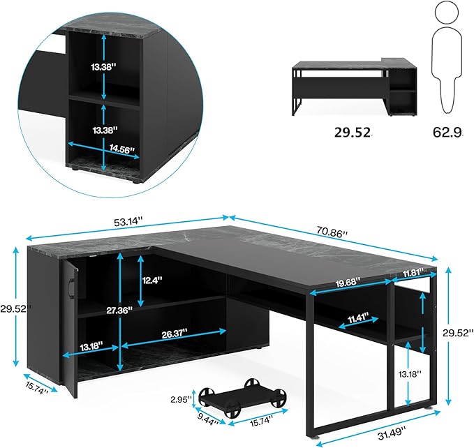 Little Tree 71-inch Executive Desk with File Cabinet, L-Shaped Computer Desk Office Desk with Drawers and Storage Shelves, Business Furniture Desk Workstation for Home Office, Balck