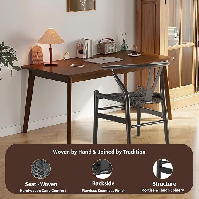 Tomile Wishbone Chair Y Chair, Wooden Dining Chairs Set of 4, Mid Century Modern Chairs with Arms, Solid Wood Weave Seat Kitchen & Dining Room Chairs (Ash Wood - Black)