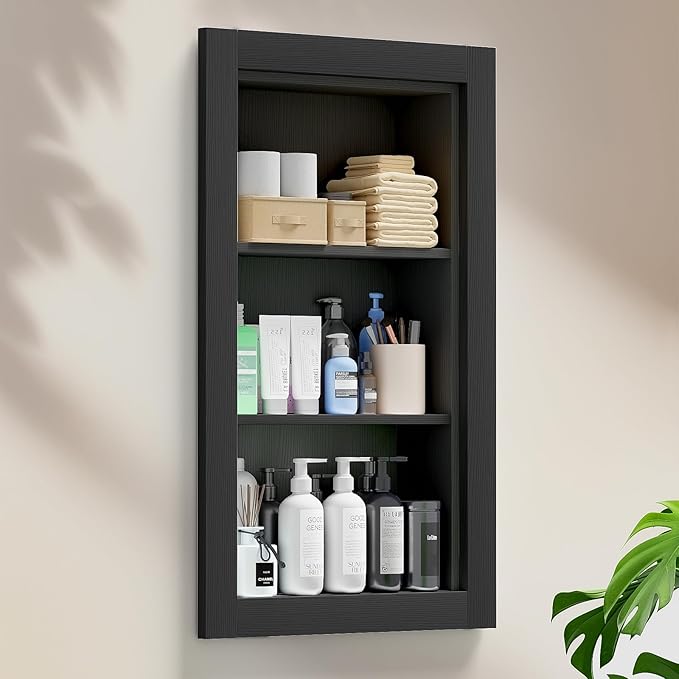 Recessed Medicine Cabinet,14x24 Recessed Wall Niche Medicine Cabinet Replacement, Water-Proof Wood Wall Niche for Bathroom/Hallway, Black