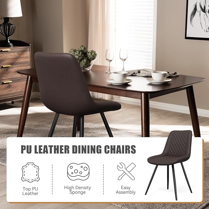Modern Dining Chairs Set of 2, Top PU Leather Upholstered Dining Room Chairs with Metal Legs, Ergonomic Kitchen Chairs for Kitchen Dinning Room, Dark Brown