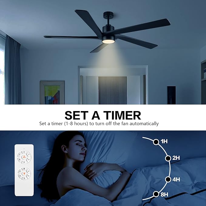 WINGBO 72 Inch DC Ceiling Fan with Lights and 3 Downrods, 5 Reversible Carved Wood Blades, 6-Speed Noiseless DC Motor, Modern Ceiling Fan in Matte Black Finish, ETL Listed