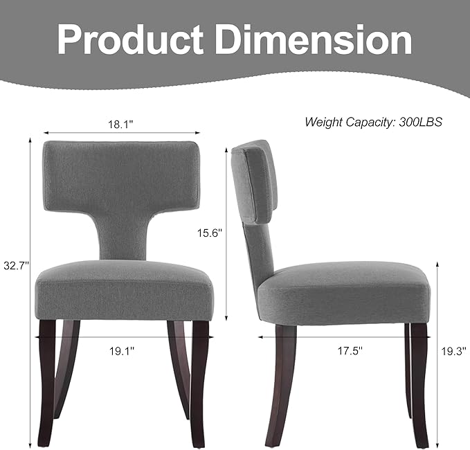 Mid Century Modern Dining Chairs Set of 2, Upholstered Side Dining Chairs with Curved Back Linen Fabric Armless Wood Chairs Kitchen & Dining Room Farmhouse Chairs (Gray)