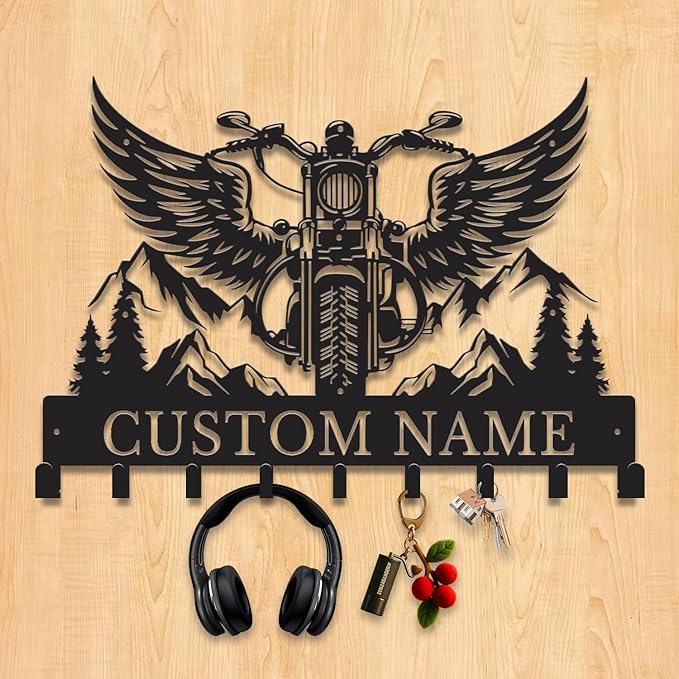 Personalized Motorcycle Metal Key Holder, Custom Last Name Metal Wall Sign, Hanging Storage Rack for Garage and Home Decor (Style-3)