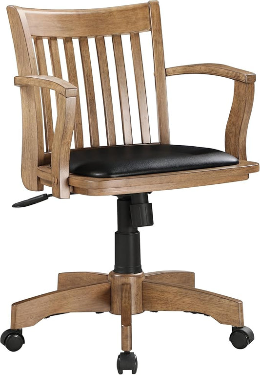OSP Home Furnishings Deluxe Wood Banker's Desk Chair with Padded Seat, Adjustable Height and Locking Tilt, Fruitwood Finish and Black Vinyl