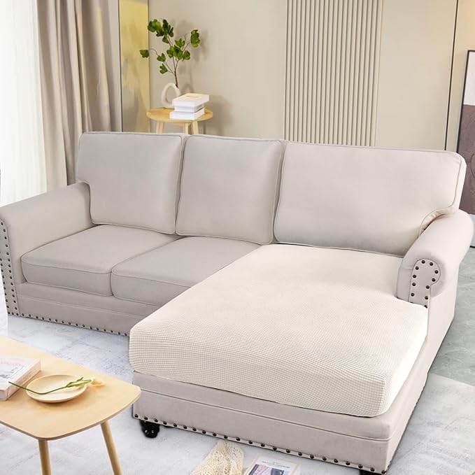 H.VERSAILTEX Super Stretch Individual Chaise Cover Sectional Couch Covers for L Shaped Sofa Both Left/Right Featuring Thick Jacquard Textured Twill Fabric (1 Piece Chaise Cover, Cream)