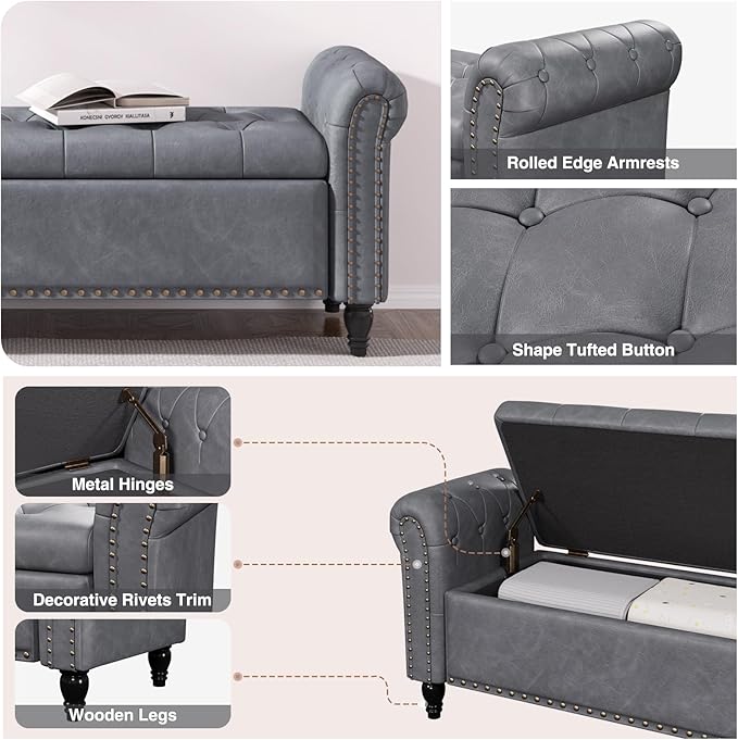 65 Inch Bedroom Bench, End of Bed Bench with Storage, Bed Benches for Foot of Bed, Faux Leather Window Bench with Tufted Button and Nailhead Trim, Upholstered Storage Bench with Rolled Arms, Gray