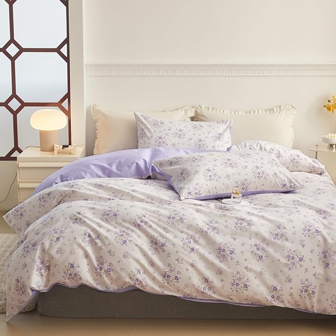 EAVD Garden Purple Floral Comforter Set Twin XL Soft Microfiber Chic Coquette Small Floral Bedding Comforter Set 1 Twin XL Bed Comforter and 2 Pillowcases Fresh Botancial Comforter Set for All-Season