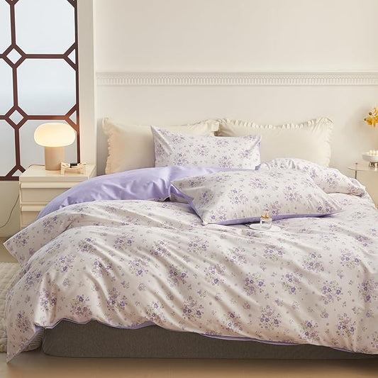 EAVD Vintage Purple Floral Comforter Set King White Soft Microfiber Garden Small Floral Bedding Comforter Set 1 King Comforter and 2 Pillowcases Fresh Botancial Comforter Set for All-Season