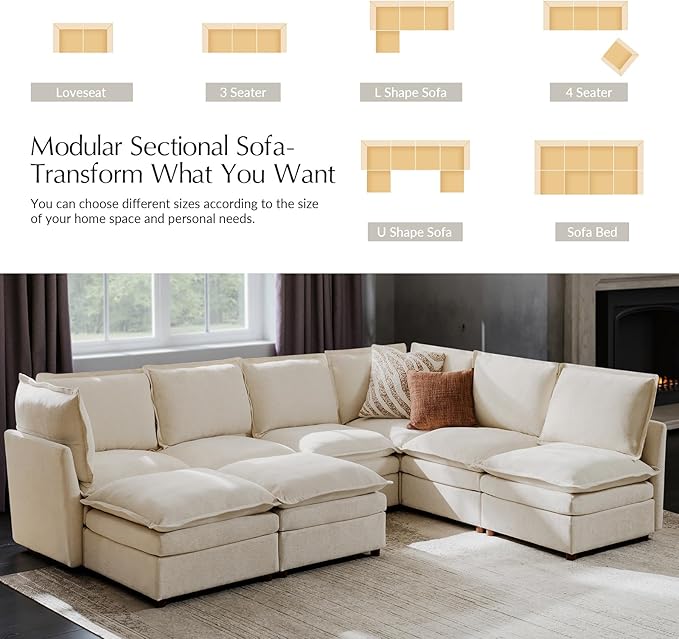 HULALA HOME Oversized Modular Sectional Sofa with Dual-Layered Cushions, 8 Seater Sleeper Sofa with Storage Ottoman and Removable Cover, Modern Deep Seat Cloud Couch for Living Room, Beige