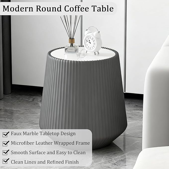 Grey Round Coffee Table with Sintered Stone Tabletop, 17.71" Drum Coffee Table with Fluted PU Leather Covered and Stable Base, Circle Cocktail Tea Table for Living Room
